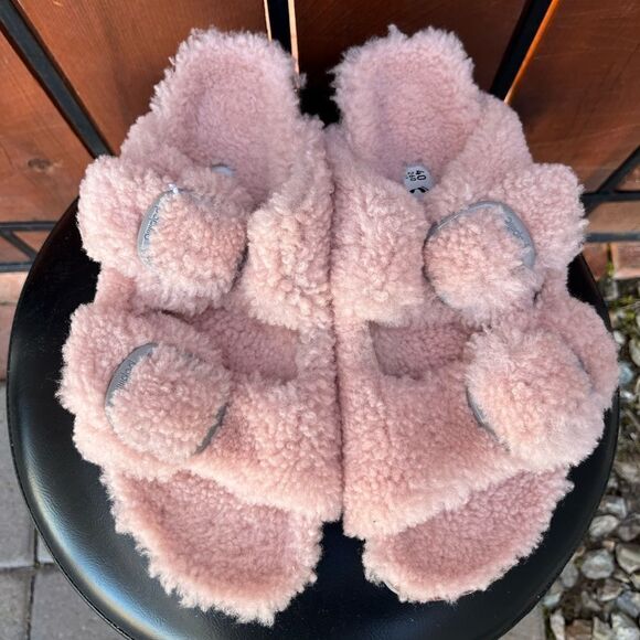 Birkenstock Arizona Teddy Shearling Platform Sandals Pink Big Buckle 40EU - Picture 3 of 9